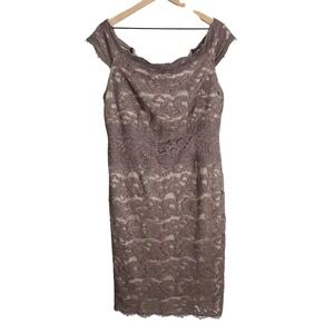 Adrianna Papell Lace Bodice Off Shoulder Sheath Dress Eggshell Sable 16‎ Wedding